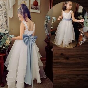 Charming White and Blue Layered Kids Dress